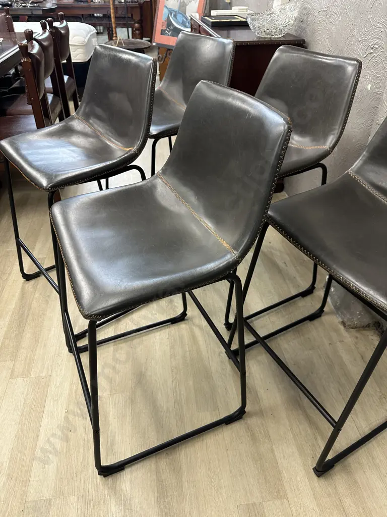 Set of 5 Antique Brown & Orange Stitched Faux Leather Bistro Counter Chairs, Black Steel Legs. H92 W46 D52cm (As Found) Image 1++