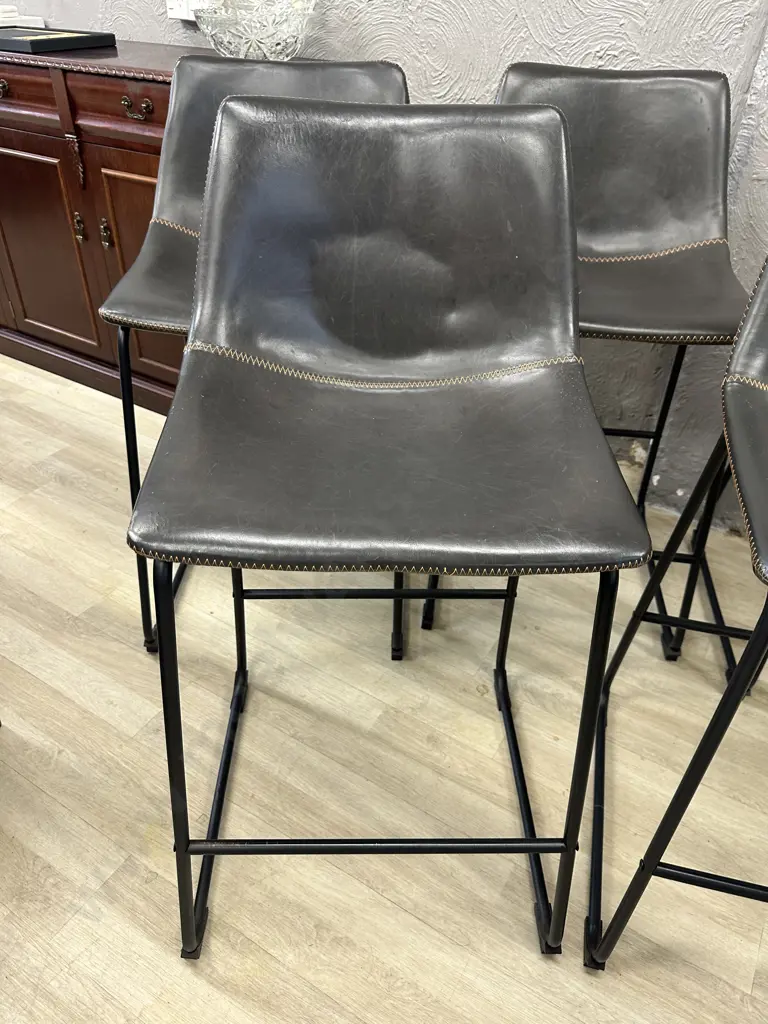 Set of 5 Antique Brown & Orange Stitched Faux Leather Bistro Counter Chairs, Black Steel Legs. H92 W46 D52cm (As Found) Image 1++