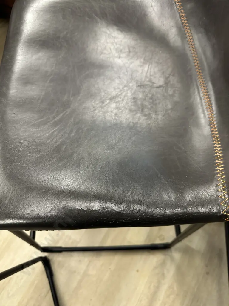 Set of 5 Antique Brown & Orange Stitched Faux Leather Bistro Counter Chairs, Black Steel Legs. H92 W46 D52cm (As Found) Image 1++