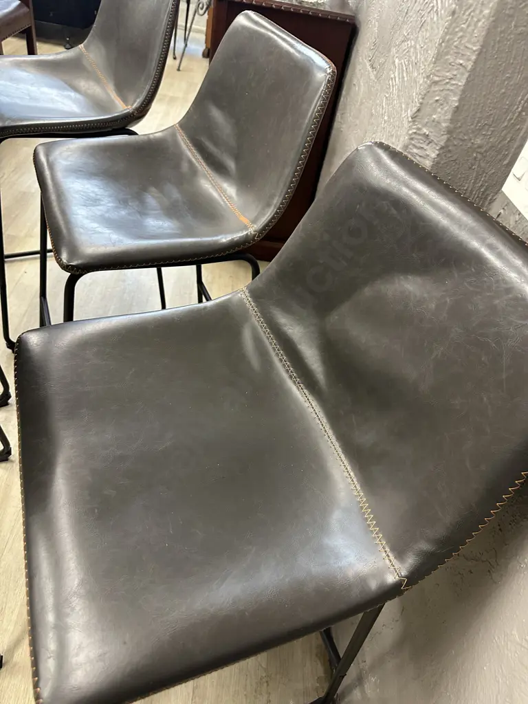 Set of 5 Antique Brown & Orange Stitched Faux Leather Bistro Counter Chairs, Black Steel Legs. H92 W46 D52cm (As Found) Image 1++
