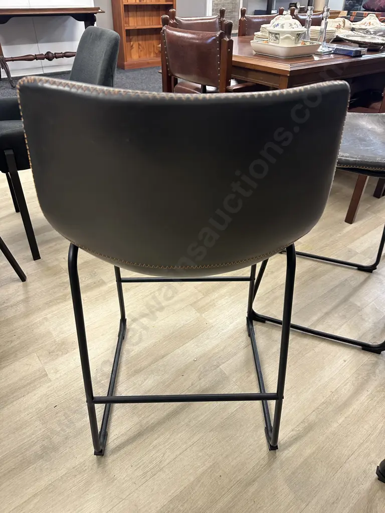 Set of 5 Antique Brown & Orange Stitched Faux Leather Bistro Counter Chairs, Black Steel Legs. H92 W46 D52cm (As Found) Image 1++