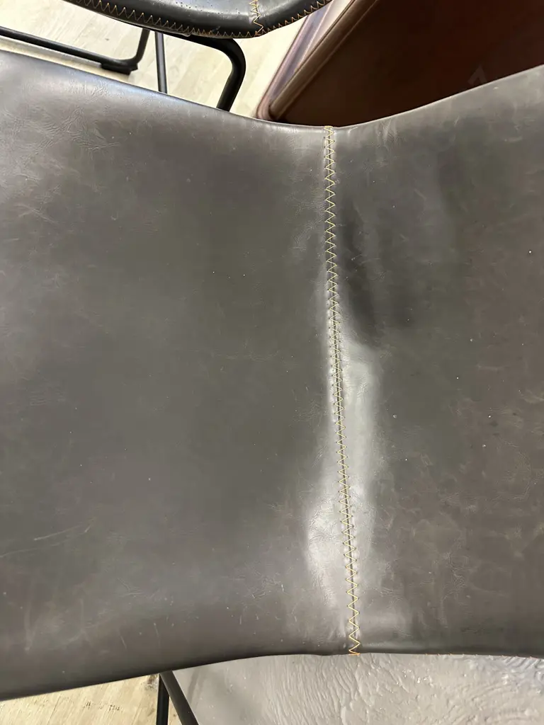 Set of 5 Antique Brown & Orange Stitched Faux Leather Bistro Counter Chairs, Black Steel Legs. H92 W46 D52cm (As Found) Image 1++