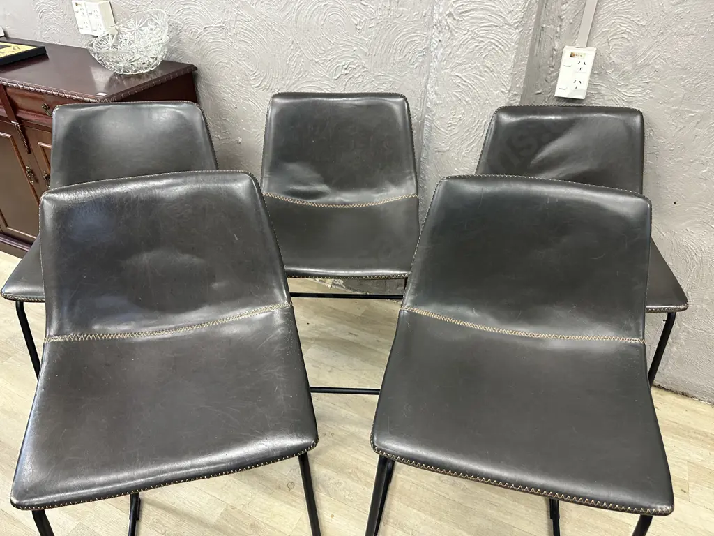 Set of 5 Antique Brown & Orange Stitched Faux Leather Bistro Counter Chairs, Black Steel Legs. H92 W46 D52cm (As Found) Image 1++