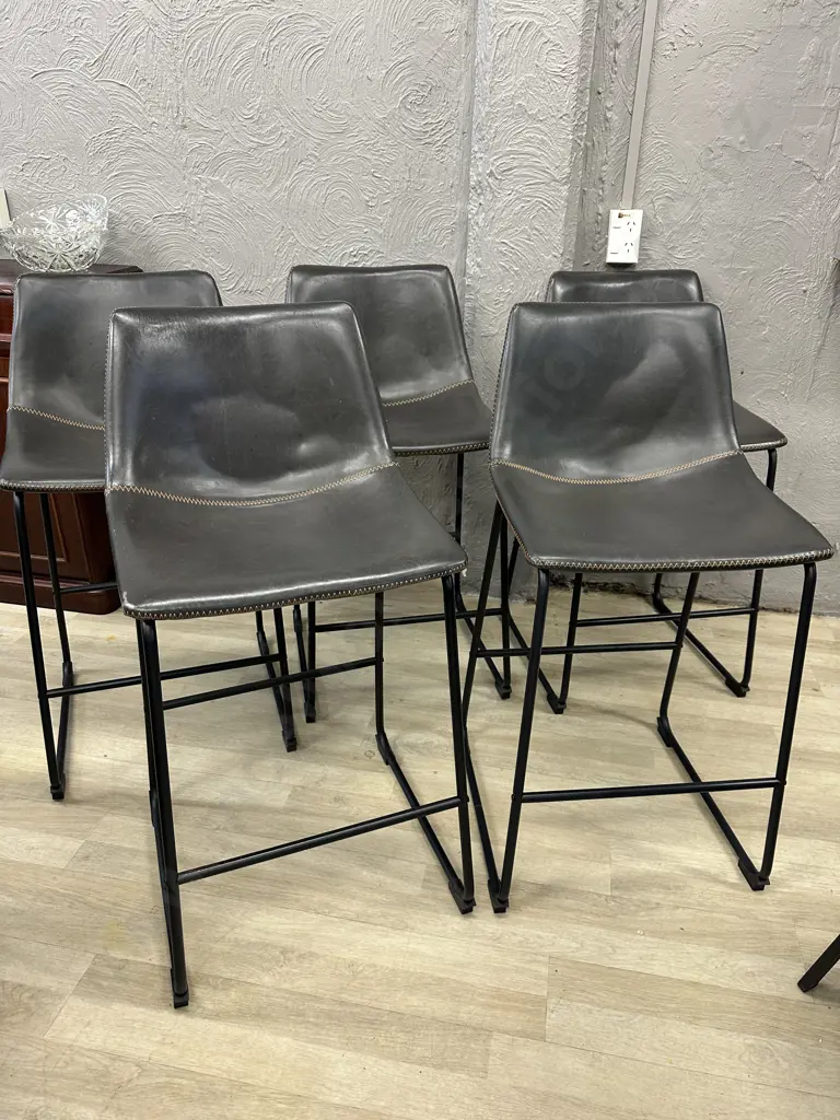 Set of 5 Antique Brown & Orange Stitched Faux Leather Bistro Counter Chairs, Black Steel Legs. H92 W46 D52cm (As Found) Image 1++