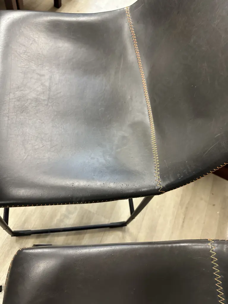 Set of 5 Antique Brown & Orange Stitched Faux Leather Bistro Counter Chairs, Black Steel Legs. H92 W46 D52cm (As Found) Image 1++