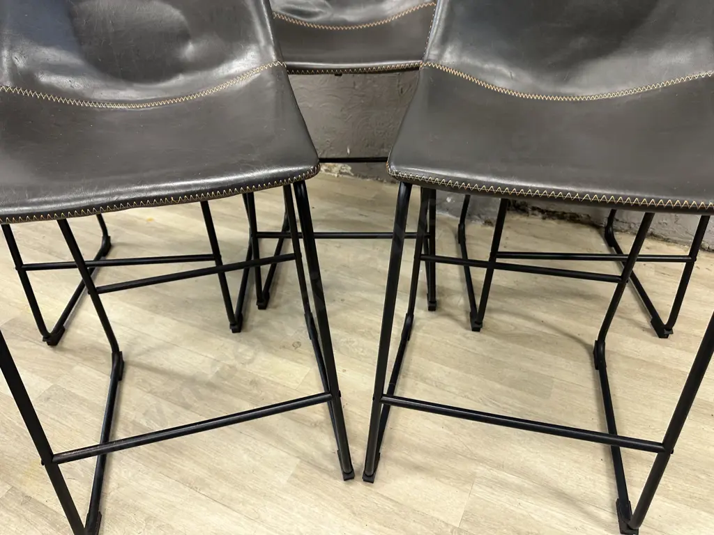 Set of 5 Antique Brown & Orange Stitched Faux Leather Bistro Counter Chairs, Black Steel Legs. H92 W46 D52cm (As Found) Image 1++