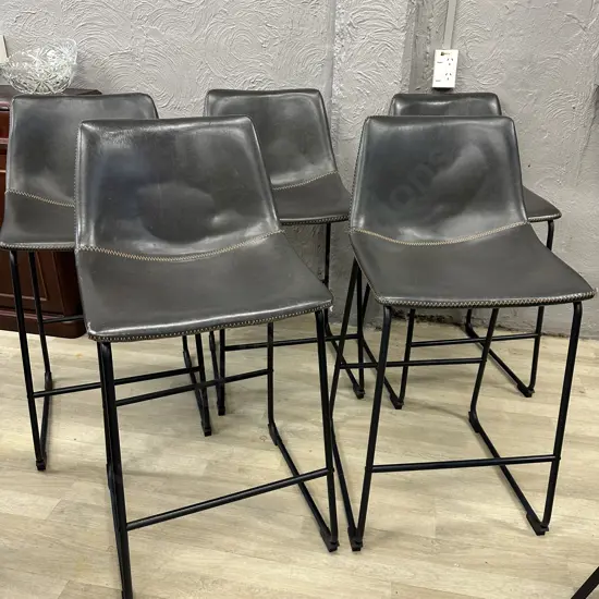 Set of 5 Antique Brown & Orange Stitched Faux Leather Bistro Counter Chairs, Black Steel Legs. H92 W46 D52cm (As Found)