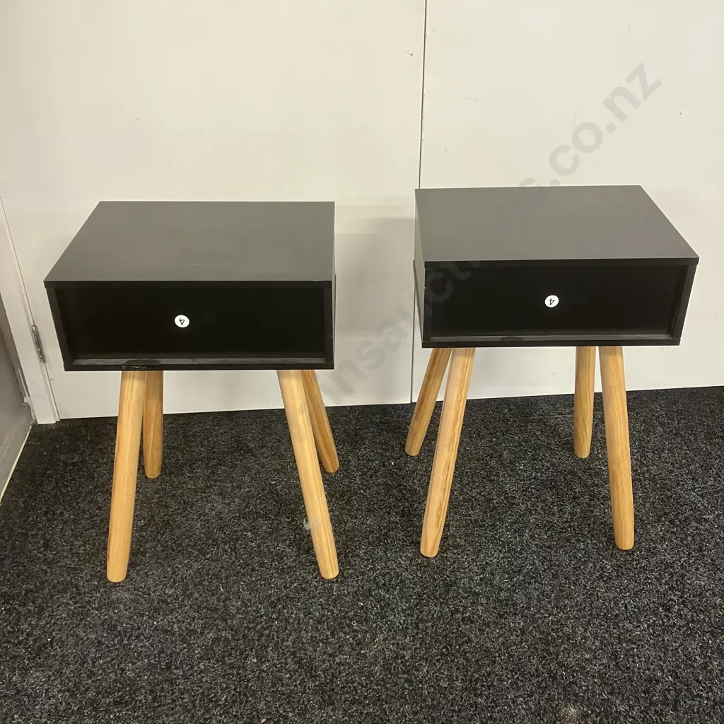 Pair of Black Single Drawer Bedside Cabinets, Long Natural Legs. H61 W40 D30cm Image 1++
