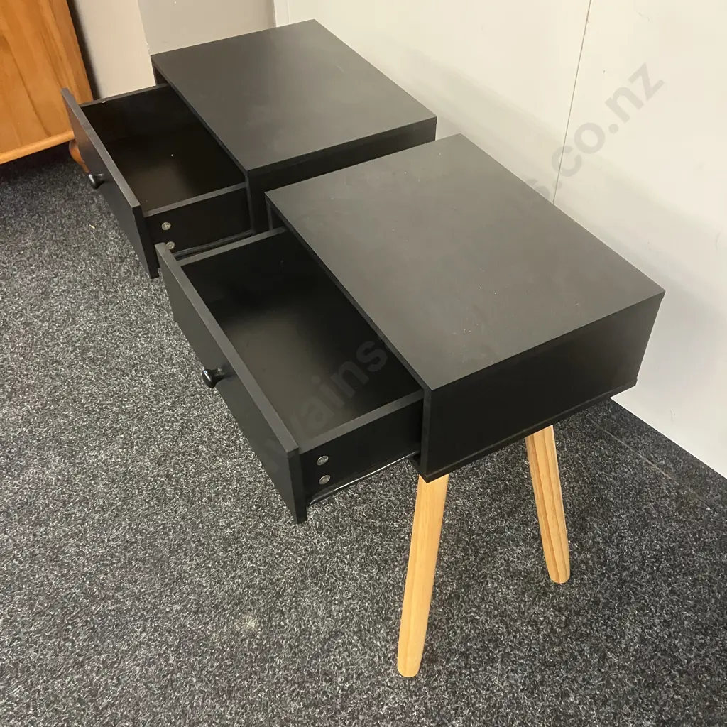Pair of Black Single Drawer Bedside Cabinets, Long Natural Legs. H61 W40 D30cm Image 1++