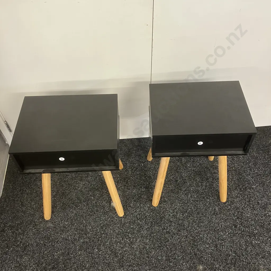 Pair of Black Single Drawer Bedside Cabinets, Long Natural Legs. H61 W40 D30cm Image 1++