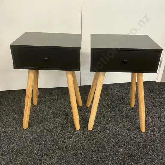 Pair of Black Single Drawer Bedside Cabinets, Long Natural Legs. H61 W40 D30cm