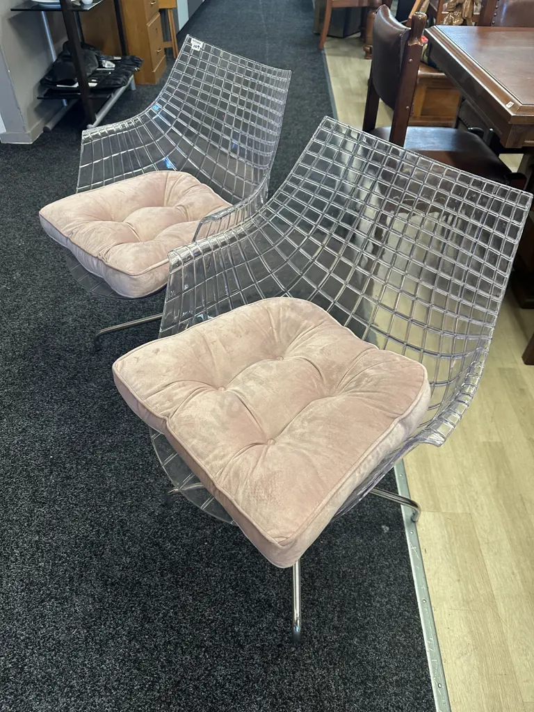 Pair of Minimalist Chrome & Clear Cage Chairs In Driade Meridiana by Christophe Pillet Style Image 1++