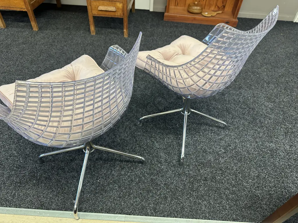 Pair of Minimalist Chrome & Clear Cage Chairs In Driade Meridiana by Christophe Pillet Style Image 1++