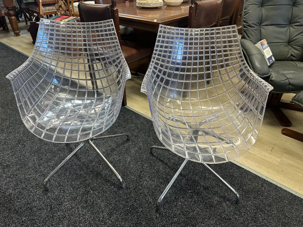 Pair of Minimalist Chrome & Clear Cage Chairs In Driade Meridiana by Christophe Pillet Style Image 1++