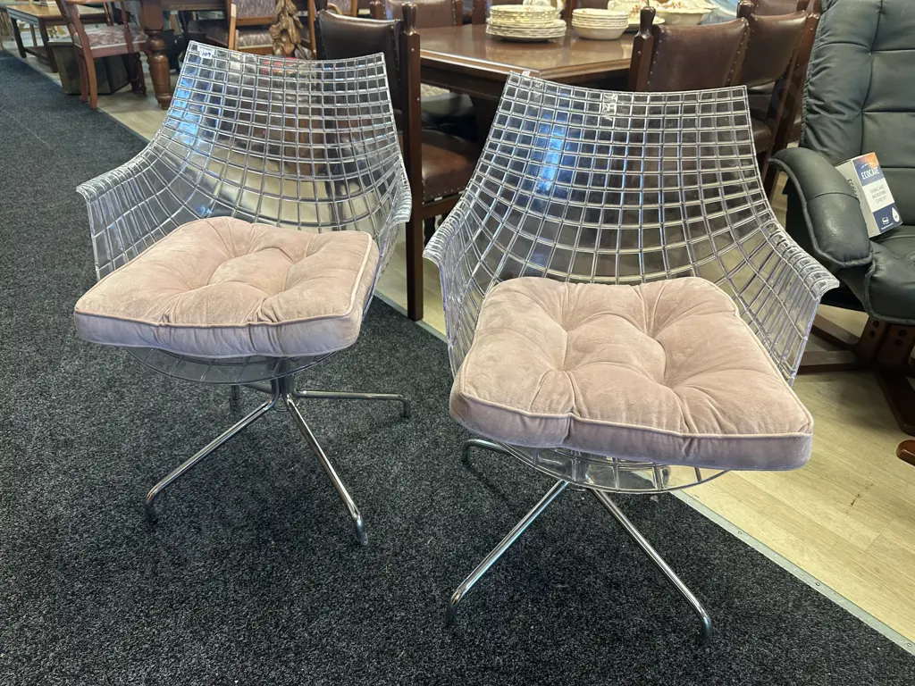 Pair of Minimalist Chrome & Clear Cage Chairs In Driade Meridiana by Christophe Pillet Style Image 1++