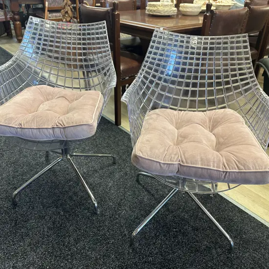 Pair of Minimalist Chrome & Clear Cage Chairs In Driade Meridiana by Christophe Pillet Style