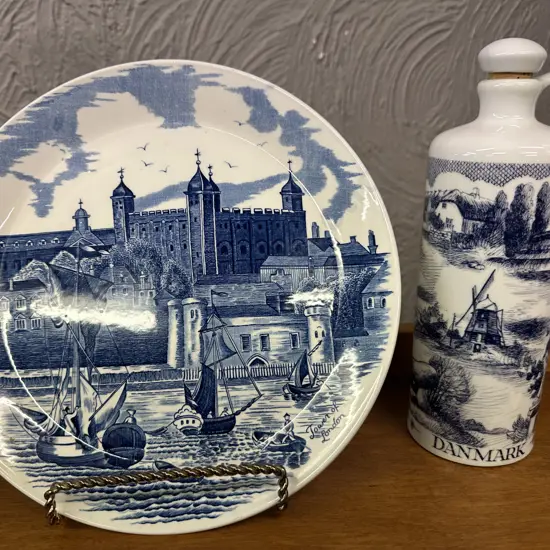 Vintage Johnson Brothers Blue Flow Plate Tower Of London Detail & Porcelain Bottle With Cork Stopper
