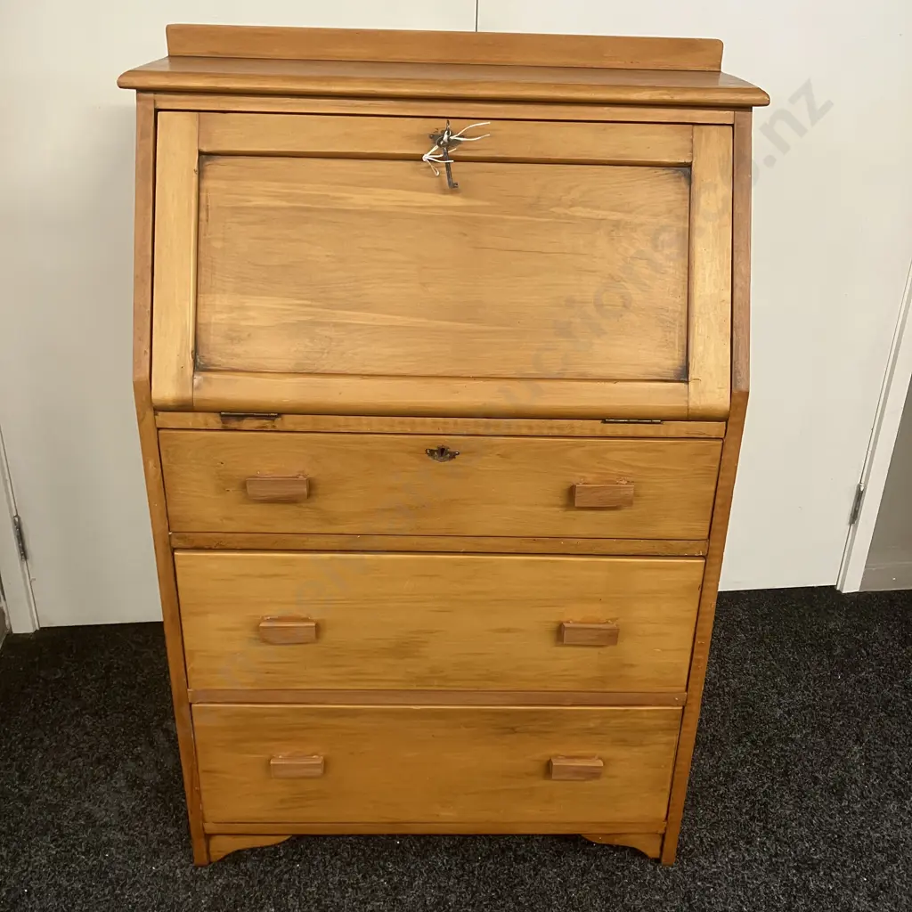 Rimu Writing Bureau Desk Three Drawer With Keys. H112 W73.5 D36cm Image 1++