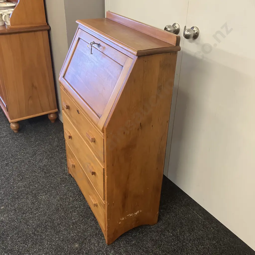 Rimu Writing Bureau Desk Three Drawer With Keys. H112 W73.5 D36cm Image 1++