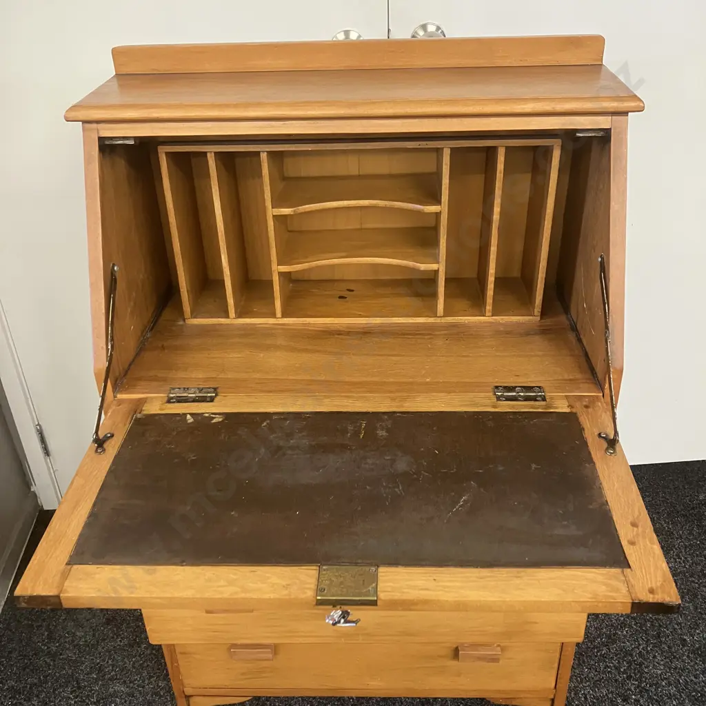 Rimu Writing Bureau Desk Three Drawer With Keys. H112 W73.5 D36cm Image 1++