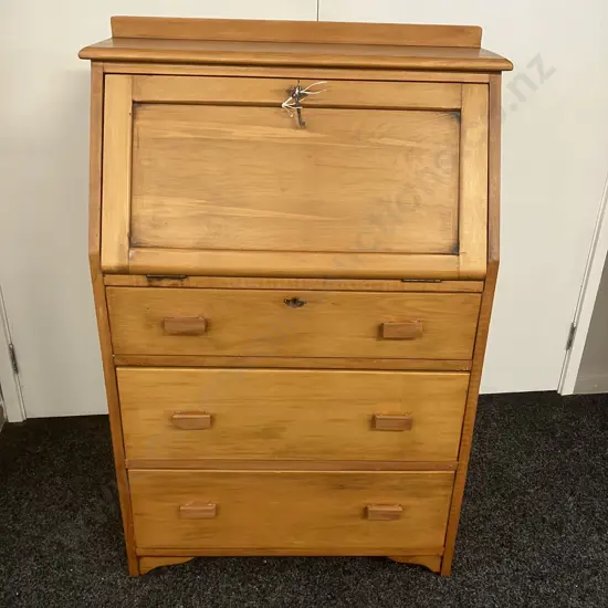 Rimu Writing Bureau Desk Three Drawer With Keys. H112 W73.5 D36cm