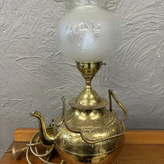 Vintage Brass Etched Teapot Table Lamp With Frosted & Clear Glass Shade H43cm.