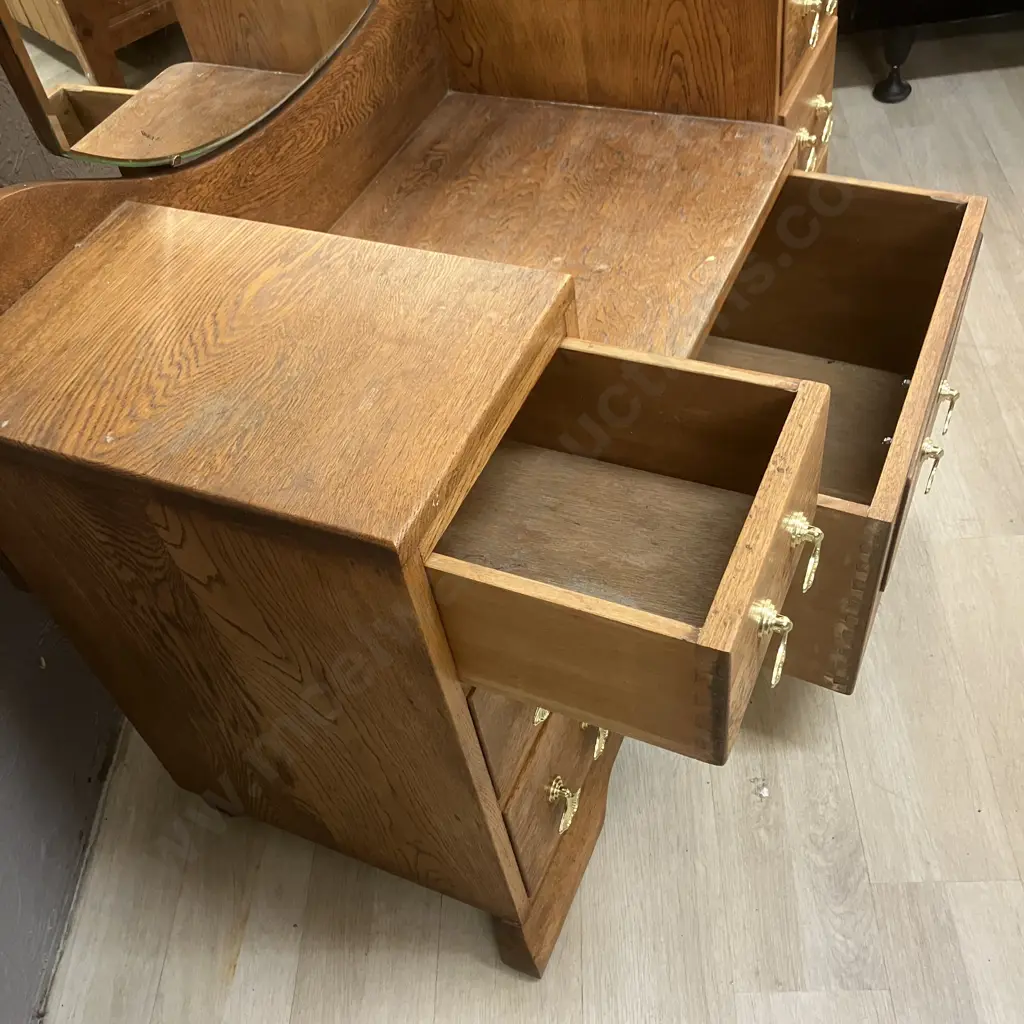 Art Deco Oak 7 Drawer Dressing Table, Gold Tassel Look Drop Handles, Shaped Bevelled Edge Mirror. H166 W112 D42cm Image 1++