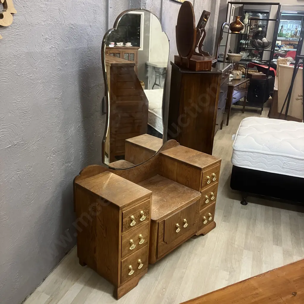 Art Deco Oak 7 Drawer Dressing Table, Gold Tassel Look Drop Handles, Shaped Bevelled Edge Mirror. H166 W112 D42cm Image 1++