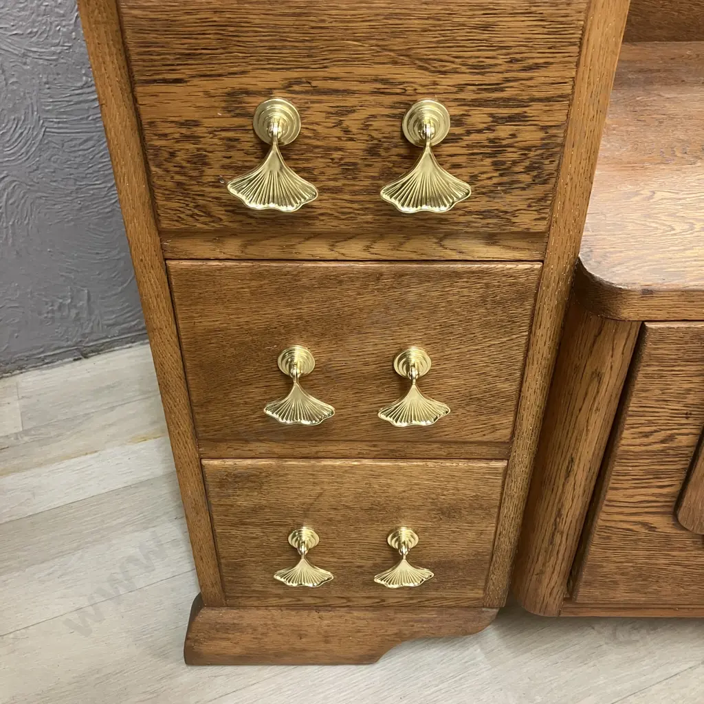 Art Deco Oak 7 Drawer Dressing Table, Gold Tassel Look Drop Handles, Shaped Bevelled Edge Mirror. H166 W112 D42cm Image 1++