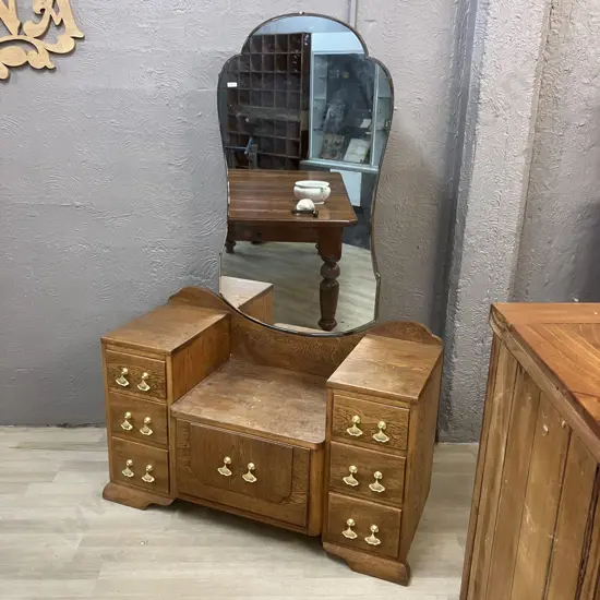 Art Deco Oak 7 Drawer Dressing Table, Gold Tassel Look Drop Handles, Shaped Bevelled Edge Mirror. H166 W112 D42cm