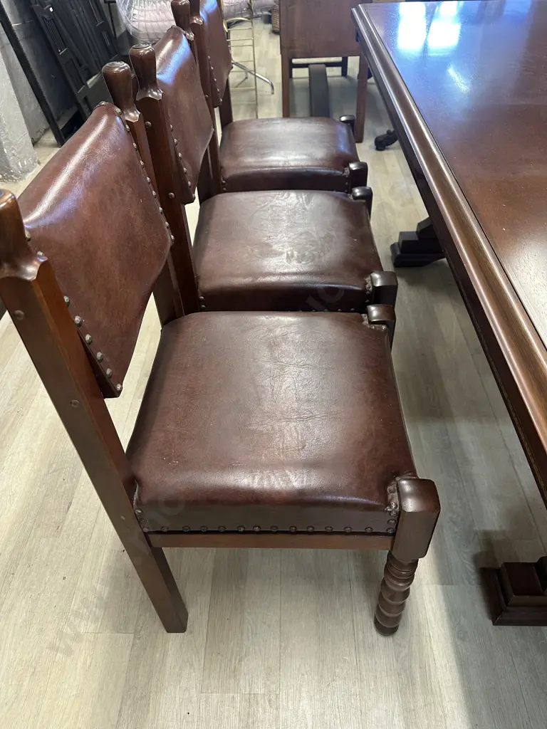 Mahogany Rectangular Dining Table & Eight Leather Domed Chairs Turned Leg Detail H74,L200,D100cm. Image 1++