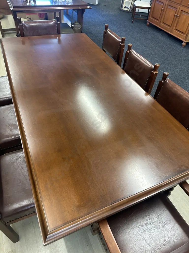 Mahogany Rectangular Dining Table & Eight Leather Domed Chairs Turned Leg Detail H74,L200,D100cm. Image 1++