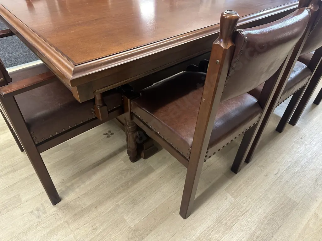 Mahogany Rectangular Dining Table & Eight Leather Domed Chairs Turned Leg Detail H74,L200,D100cm. Image 1++