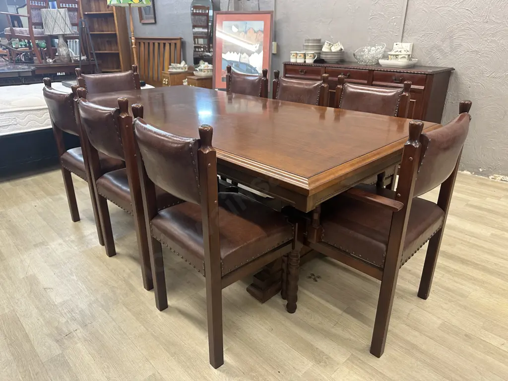 Mahogany Rectangular Dining Table & Eight Leather Domed Chairs Turned Leg Detail H74,L200,D100cm. Image 1++