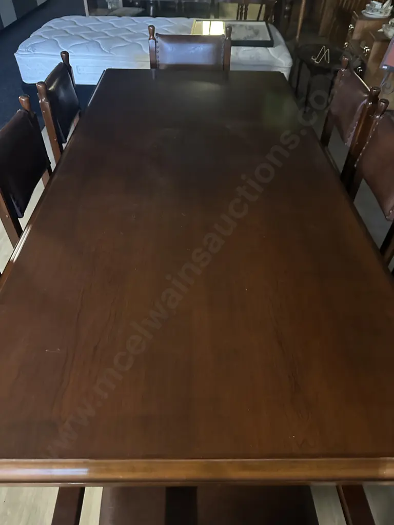 Mahogany Rectangular Dining Table & Eight Leather Domed Chairs Turned Leg Detail H74,L200,D100cm. Image 1++