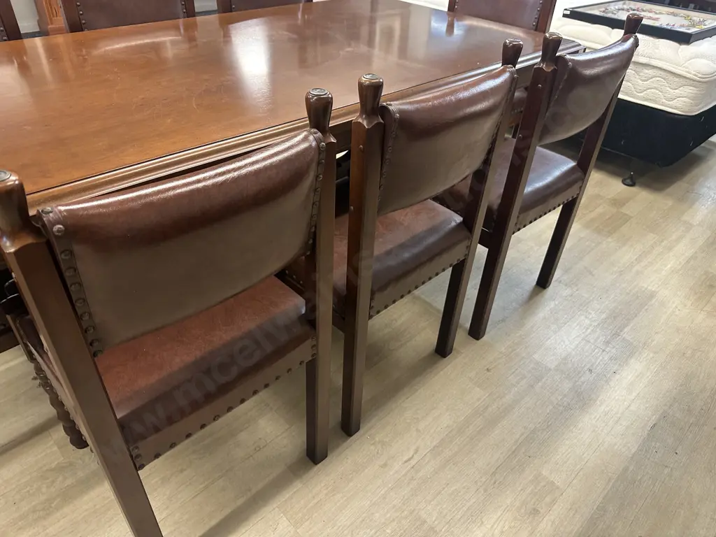 Mahogany Rectangular Dining Table & Eight Leather Domed Chairs Turned Leg Detail H74,L200,D100cm. Image 1++