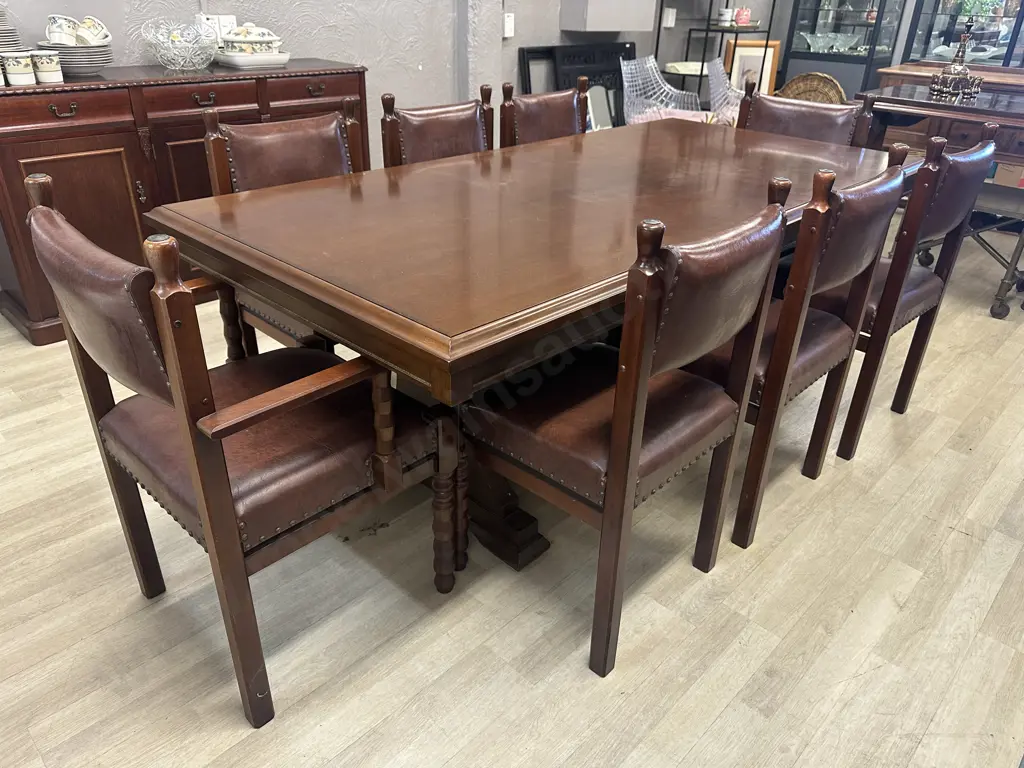 Mahogany Rectangular Dining Table & Eight Leather Domed Chairs Turned Leg Detail H74,L200,D100cm. Image 1++