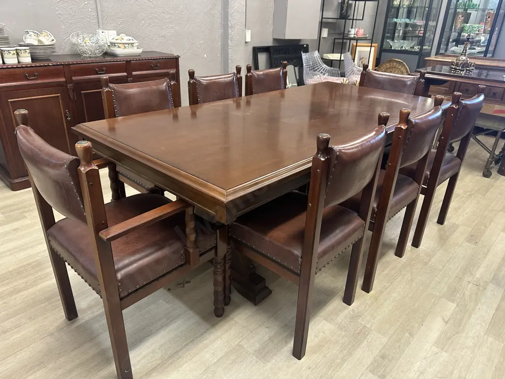 Mahogany Rectangular Dining Table & Eight Leather Domed Chairs Turned Leg Detail H74,L200,D100cm. Image 1++