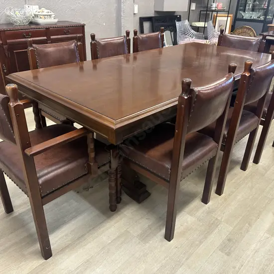 Mahogany Rectangular Dining Table & Eight Leather Domed Chairs Turned Leg Detail H74,L200,D100cm.
