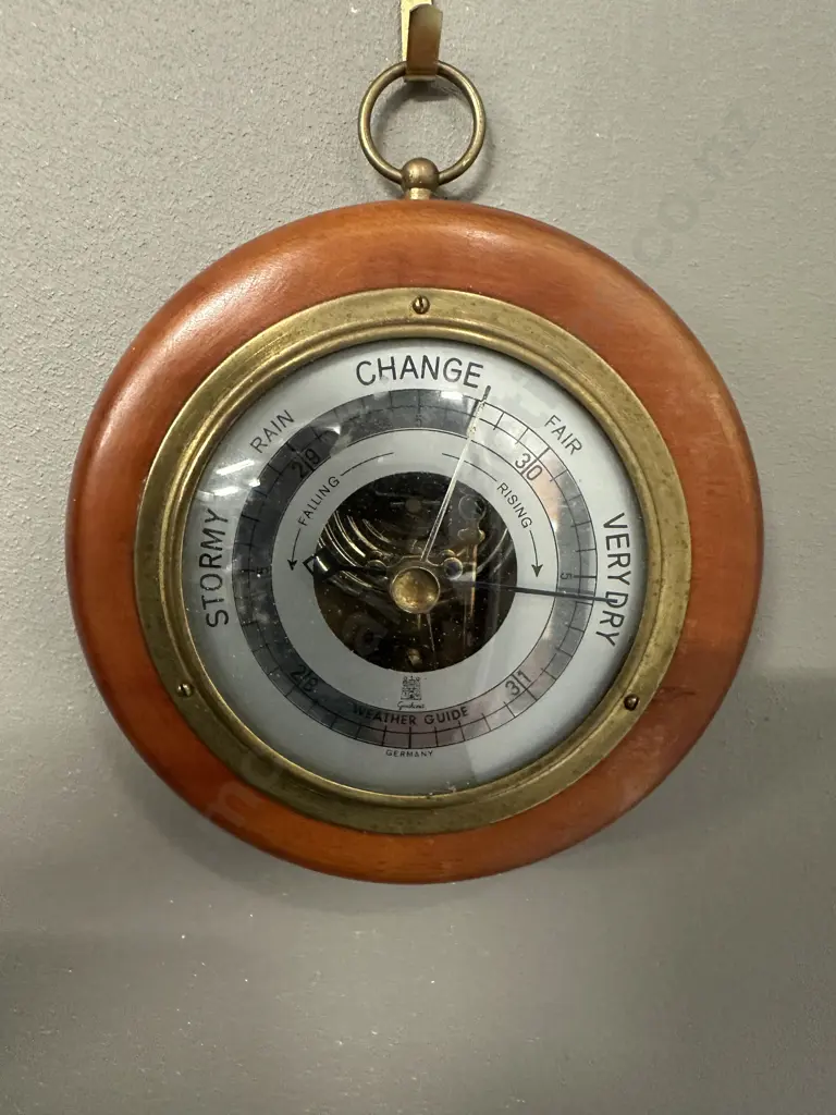Vintage German Mahogany & Brass Barometer Dia14cm.  Image 1++