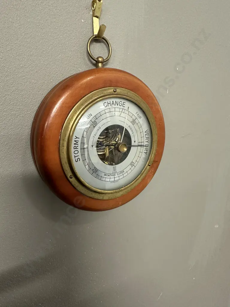 Vintage German Mahogany & Brass Barometer Dia14cm.  Image 1++