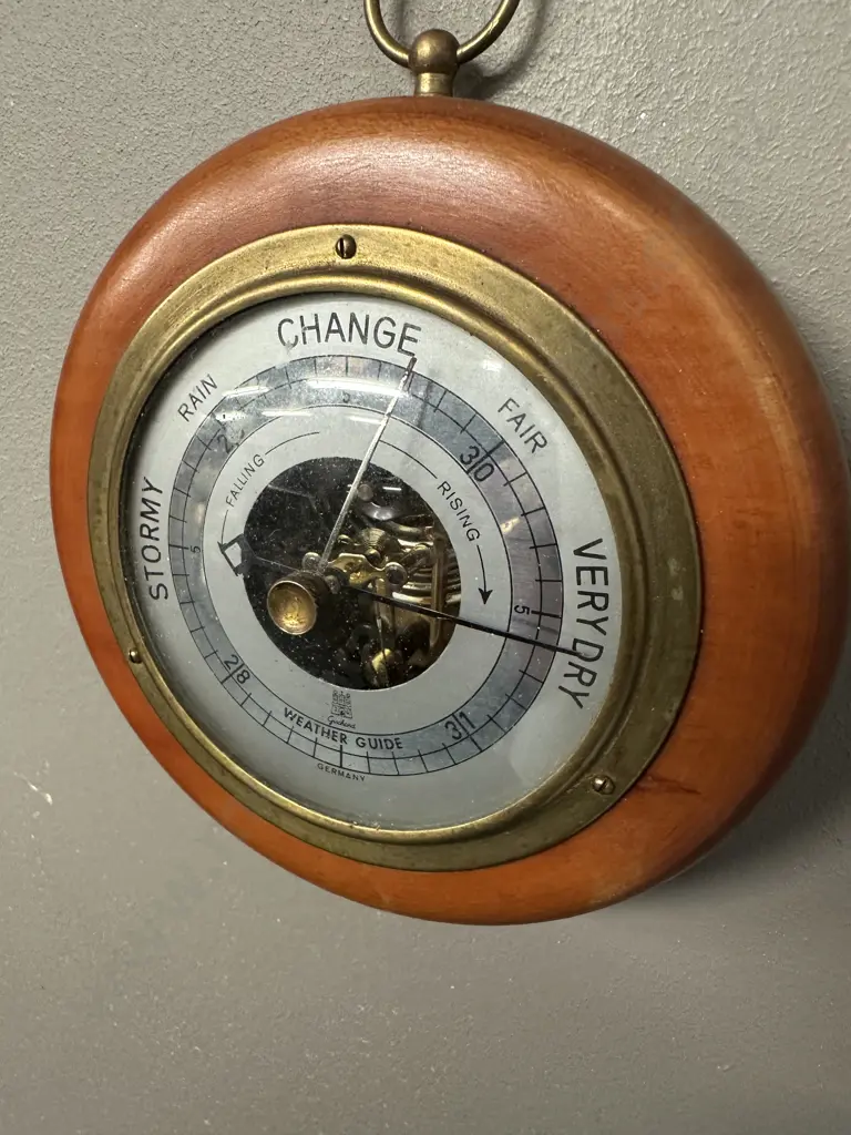 Vintage German Mahogany & Brass Barometer Dia14cm.  Image 1++