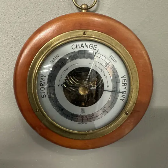 Vintage German Mahogany & Brass Barometer Dia14cm. 