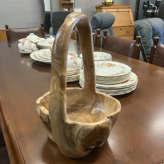 Vintage Hand Carved Burl Wood Basket. H34 W23 D21cm