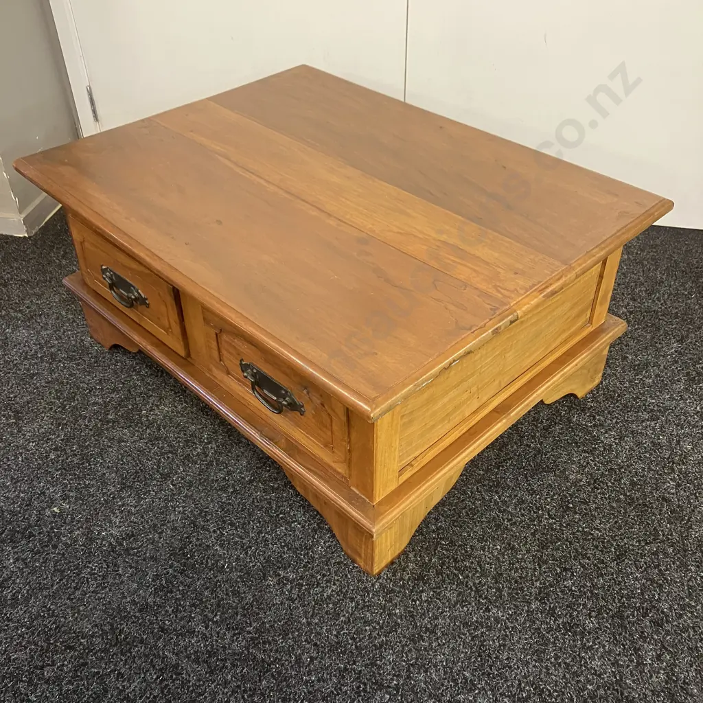 Solid Wood Coffee Table, 4 Drawers With Wrought Handles. H40 W89 D69cm Image 1++