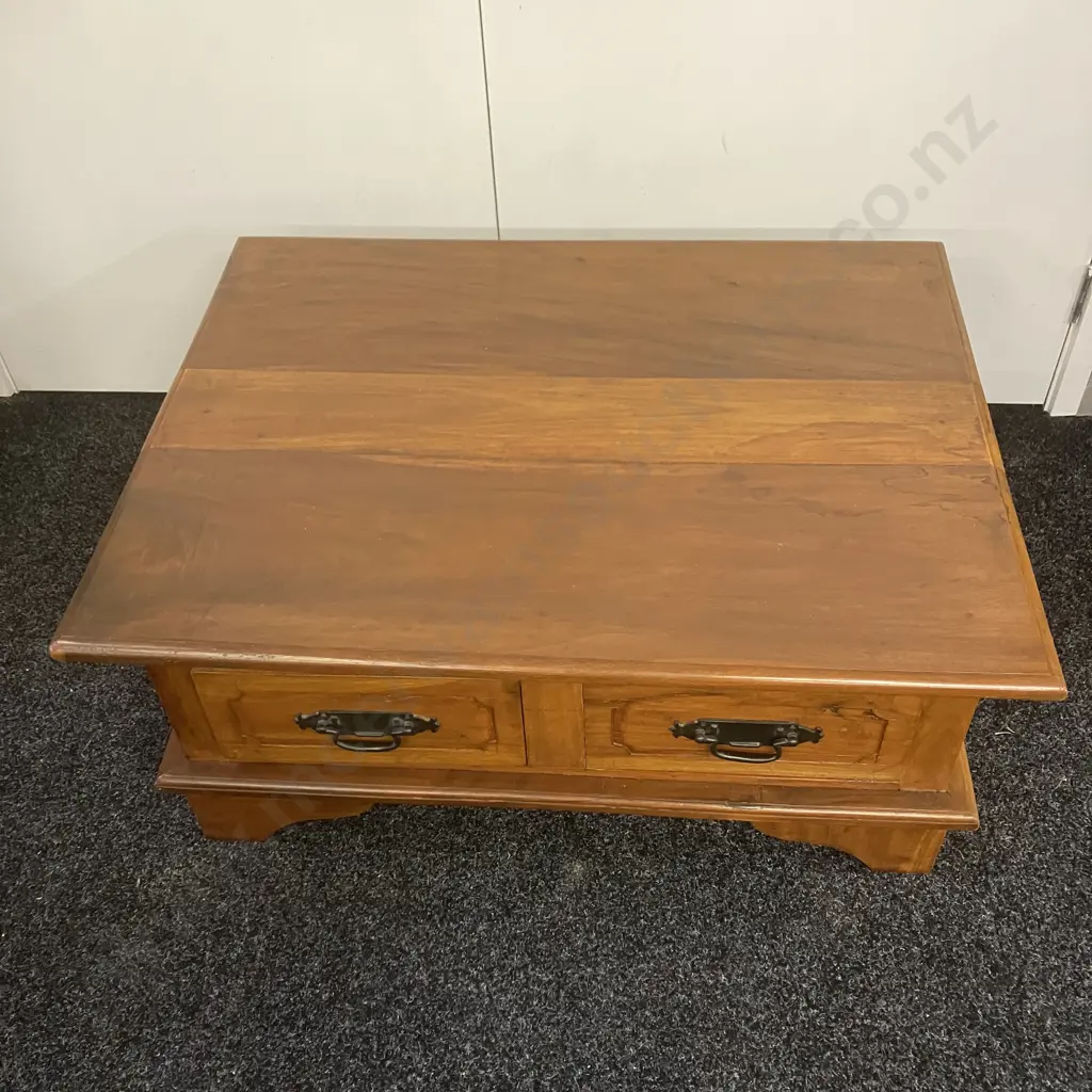 Solid Wood Coffee Table, 4 Drawers With Wrought Handles. H40 W89 D69cm Image 1++