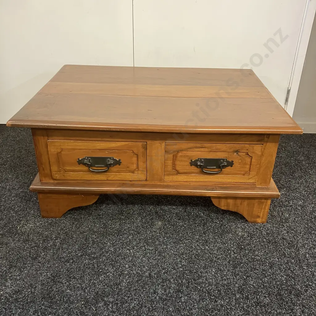 Solid Wood Coffee Table, 4 Drawers With Wrought Handles. H40 W89 D69cm Image 1++