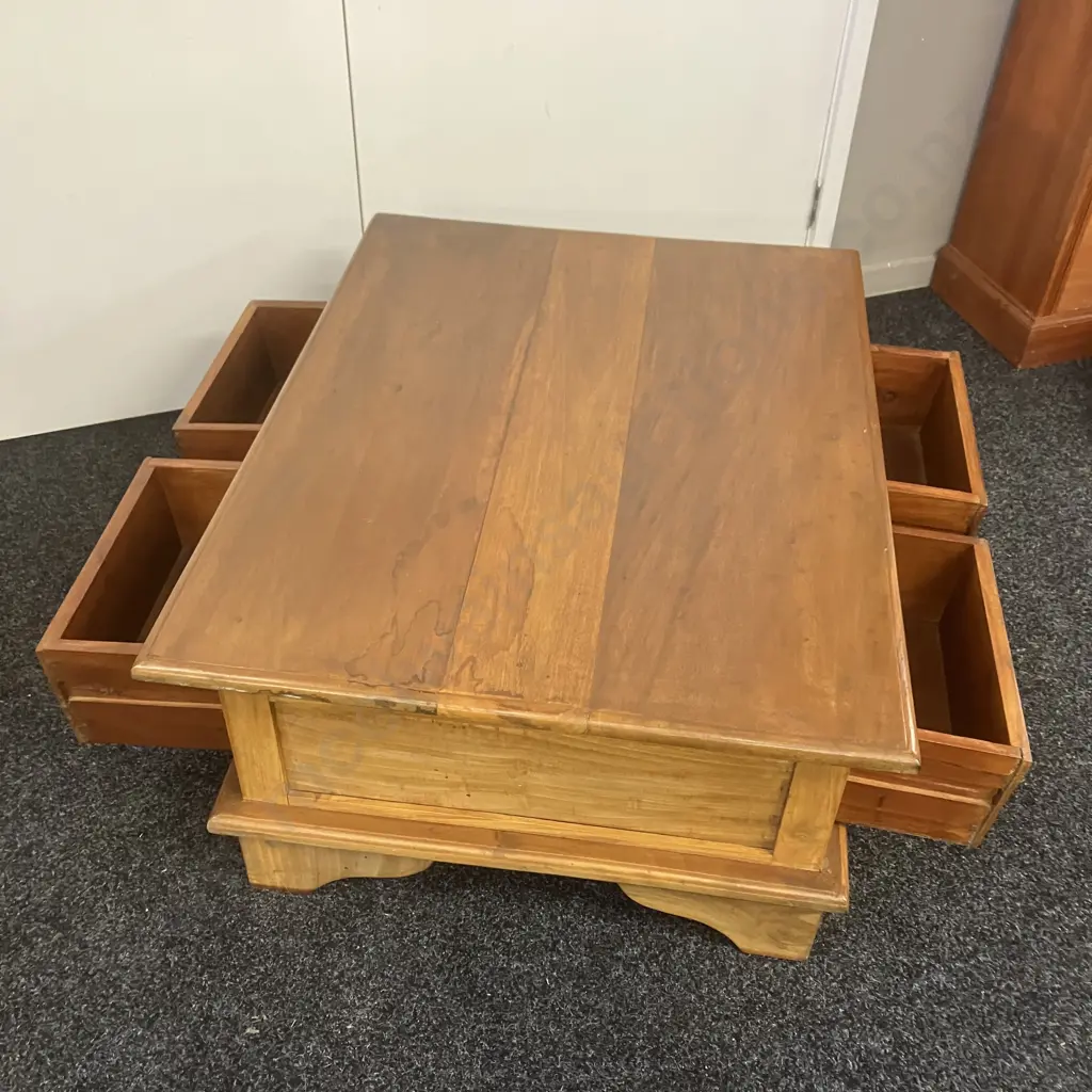 Solid Wood Coffee Table, 4 Drawers With Wrought Handles. H40 W89 D69cm Image 1++