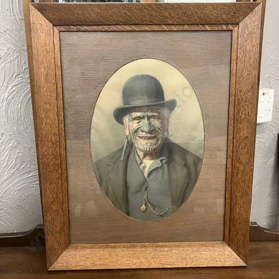 CF Goldie "A Good Joke" Print - Te Aho-te-Rangi Wharepu of Ngati Mahuta, Oak Framed. 60 x 48cm
