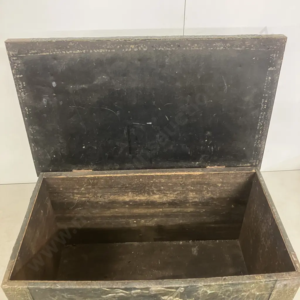 Vintage Repousse Brass & Copper Wood Box With Embossed Galleons, Hinged Lid, Metal Feet. H37 W63 D37cm Image 1++